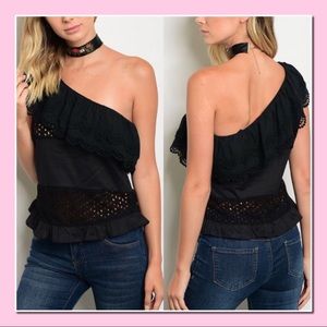 NWT Adorable Black Eyelit Ruffle One Shoulder Top